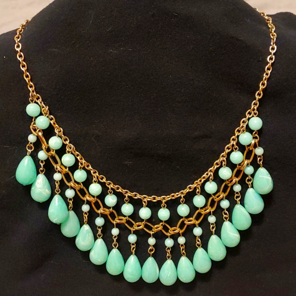 Turquise Blue Beaded Necklace Unique Movement Gold Accent